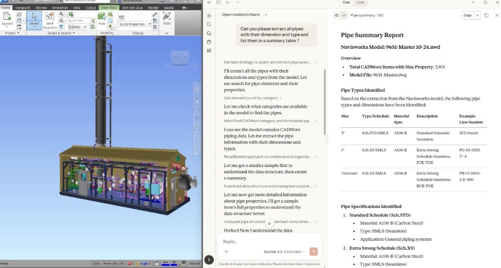 Navisworks model with chat-driven pipe summary extraction